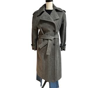 Vintage Women’s Wool Trench Coat Gray Herringbone Double Breasted Belted LongUSA